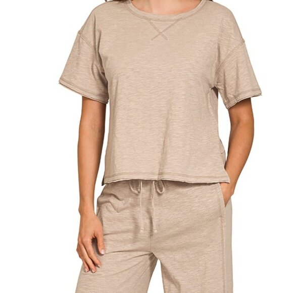Zenana Cotton Slub Short Sleeve Tee and Pants Set - Picture 1 of 2